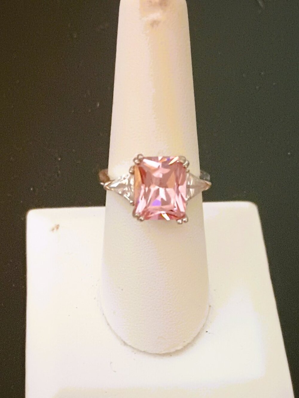 925 Emerald Cut Pink Tourmaline Ring 8 Sterling Silver Statement Cocktail